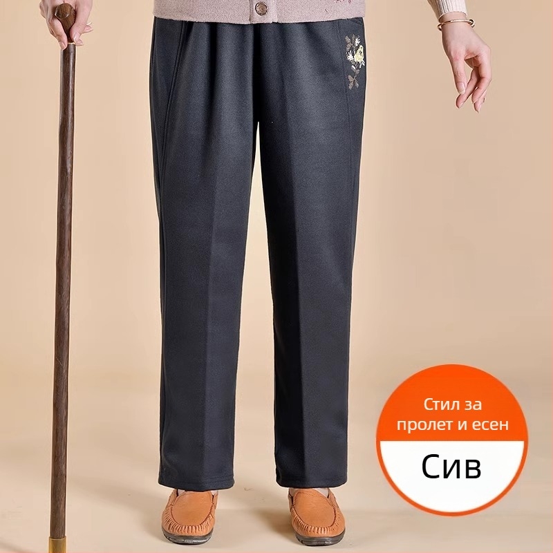 Дамски подплатени панталони за средна възраст за зима, свободна кройка, полиестерова материя, дебел тъкан, ежедневен стил
