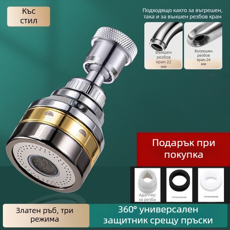 Разширител за кухненски смесител с полусмедна трискоростна дюза, еднобутонно управление, монтаж чрез завиване, универсална въртяща се глава против пръски (електроплатина; материали ABS+мед / ABS+мед+неръждаема стомана; температура на работа 0-80°C)