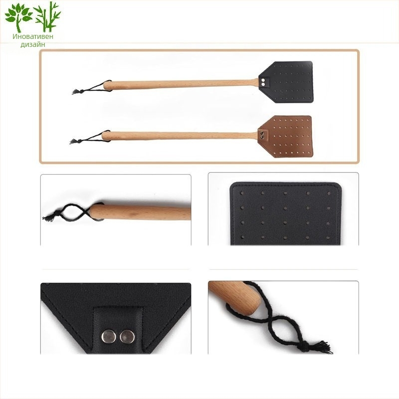 Кожена мухобойка с кръгло дървено тяло и дълга дръжка от бук — тежка, нетоксична