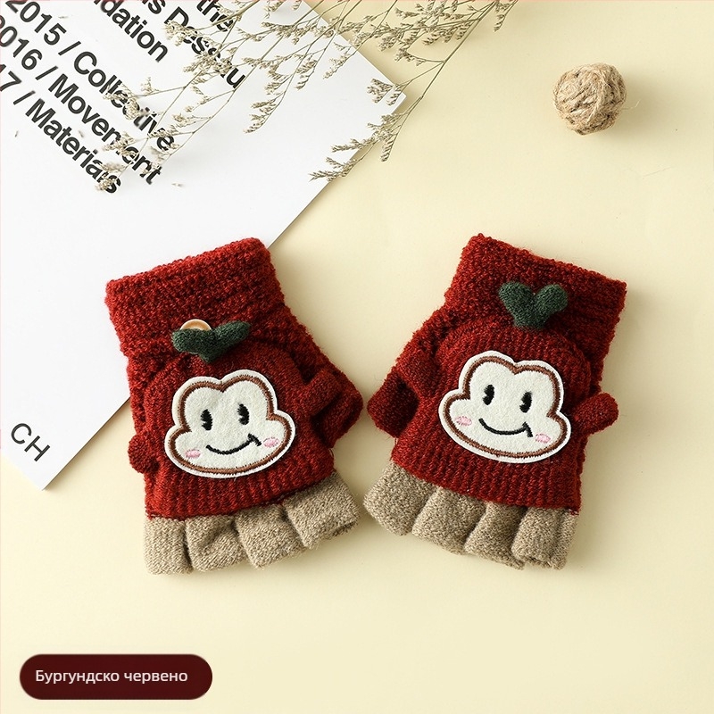 Детски зимни ръкавици с половин пръст и Flip-Top, пухкави с рисунка зайче, плетени, запазват топлината, за възраст 3–6