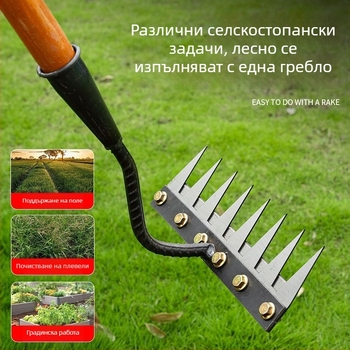 Градинско гребло и лопата – манганова стомана, петостъпна конструкция, мултифункционален инструмент за плевене, разрохване на почвата и нивелиране