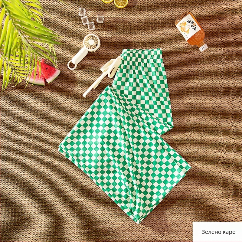 Дамски карирани широки панталони с висока талия, летен тънък плат, памучно-бленд плат с полиестер