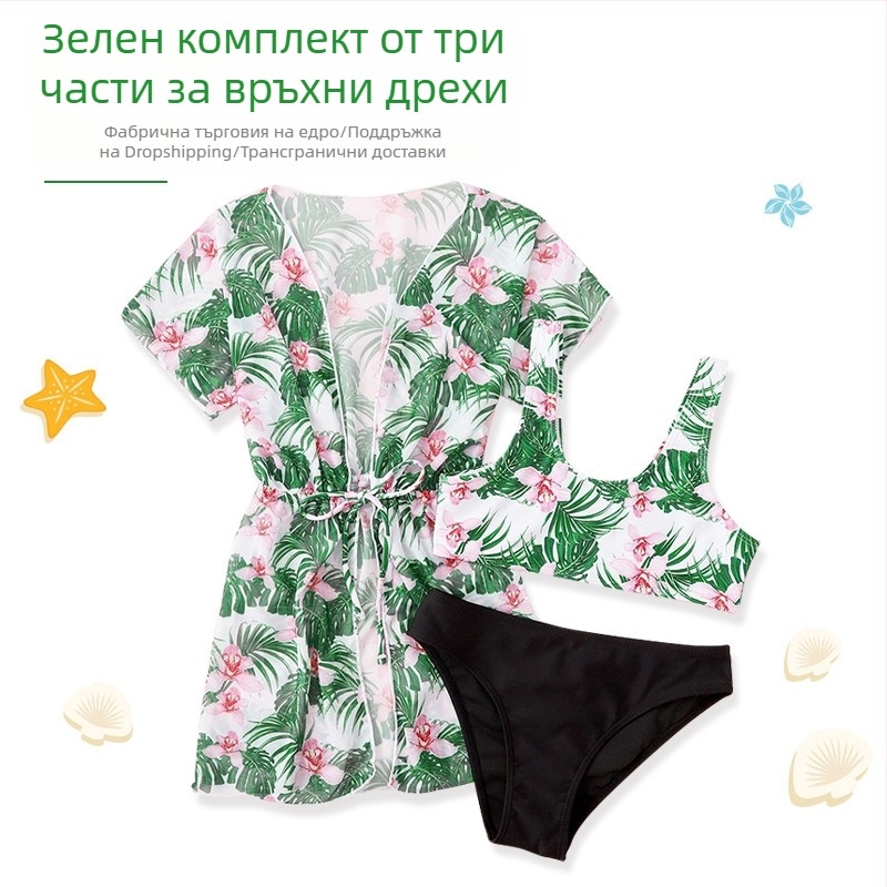 Детски тричастен бански костюм за момичета с принт, разделен дизайн, UV защита – лято 2024