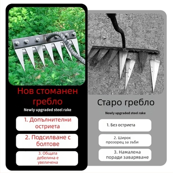 Многофункционален инструмент за плевене с интегриран гребло и нож от манганова стомана за домашна и селскостопанска употреба (разрохване и обръщане на почвата)