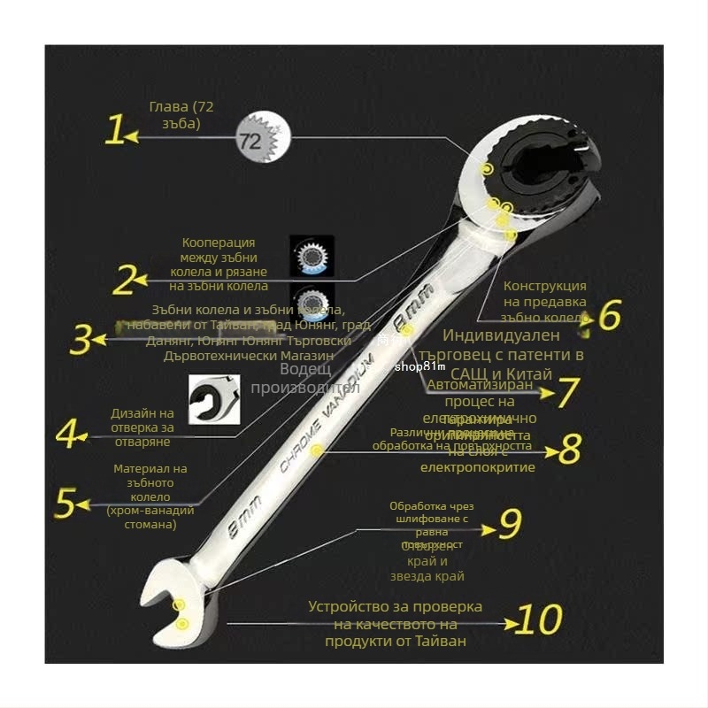 Гаечен ключ с трещотка (Материал: хром ванадиева сплав; Повърхностна обработка: друга; Тип: трещотен ключ)