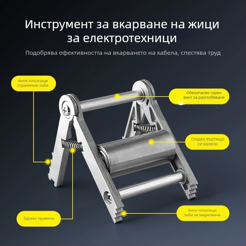 Инструмент за прокарване на кабели в електрическата инсталация — еднопроводна ролкова дърпачка и аксесоар за гнездо към кабелната кутия