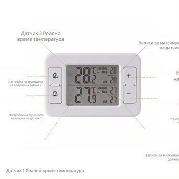 Безжичен термометър за хладилник, вътрешно и външно измерване, двуканален, резолюция на температурата 0.1°C, аларма