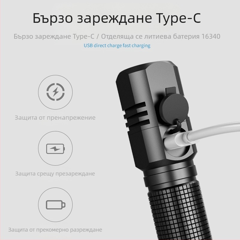 Ръчен фенер с LED 18W, обхват 200 м, корпус от алуминиева сплав, съвместим с батерии 16340/18350/18650