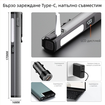 LED мини фенерче с три светодиода, магнитно закрепване, USB зареждане, 3W, 400mAh, многофункционално работно осветление