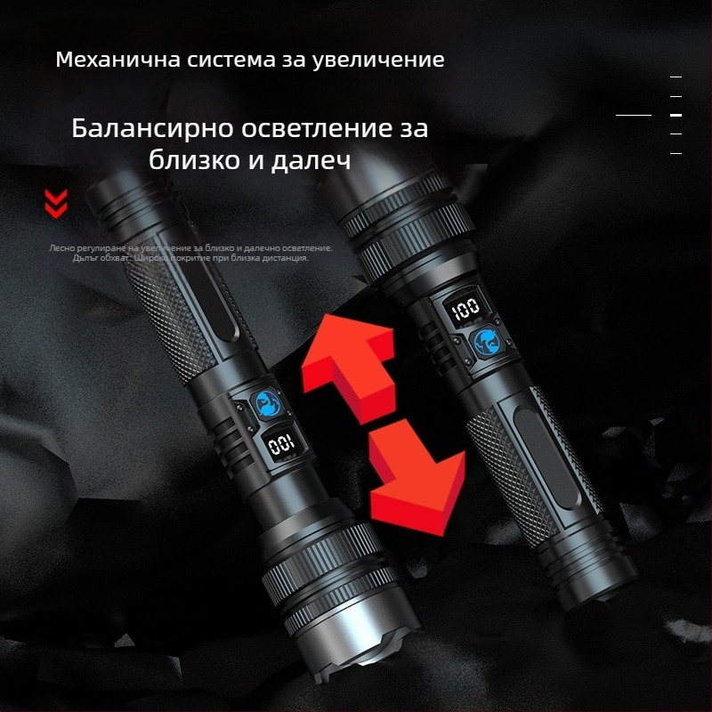 LED фенер с ръчно задвижване и оптично увеличение, 10W, 1800mAh, обхват 500 м