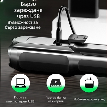 Фенер с вариабилен фокус за тактически цели, LED, презареждаем, батерия 1800 mAh, обхват 100–200 m, 360° въртене, зарядно включено