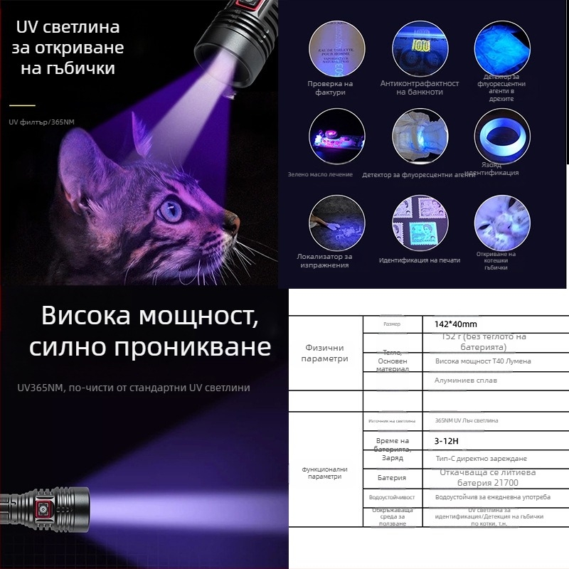 LED UV фенерче 365nm, мощност 30, 1200mAh литиева батерия, презареждаем, обхват до 50m
