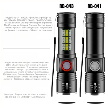 Ръчен фенер LED P60 от алуминиева сплав, телескопичен дизайн, USB зареждане, странично осветление, максимум 500 лумена, модел Ym-9102