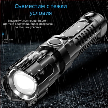 USB презареждаем фенер с телескопичен зум и голям лъч — LED, 800 mAh, 3.7V, ABS корпус, обхват 100–200 м, време на работа 1–2 ч