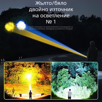 Фенер с двойно лазерно осветление, фокусиране, дълъг обхват над 500 м, 10 W, 3000 mAh, зарядно в комплекта, мултифункционален