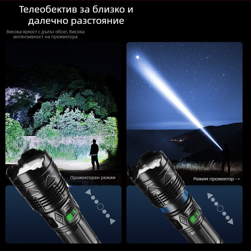 LED фенерче, презареждаем, 3600 mAh, 15 W, обхват над 500 м, 360° въртене