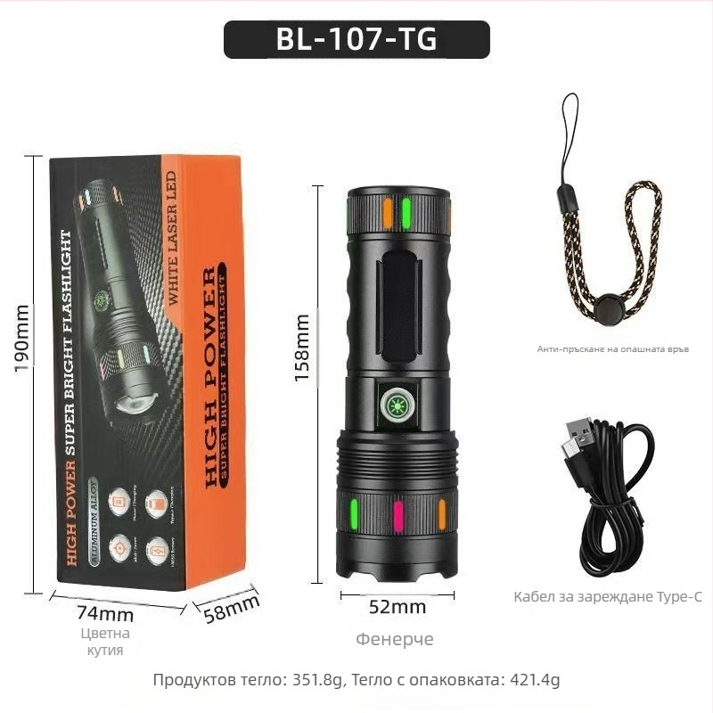 LED фенерче, мощност 10–15W; батерия 4500–6000 mAh; USB зареждане; обхват ≥500 m
