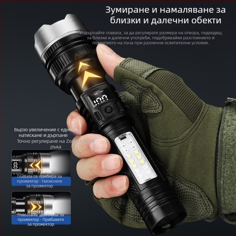 LED фенер 5W, 1200mAh презареждаем, лъч до 200–500 м, за туризъм и къмпинг