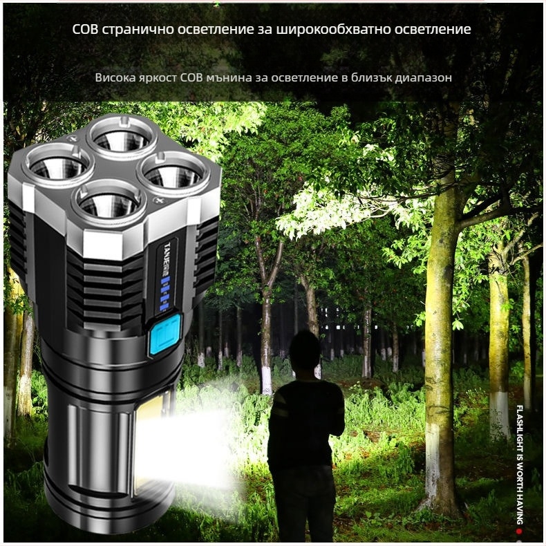 Фенер LED с COB странично осветление, USB зареждане, 5W, 600mAh, ръчно захранване