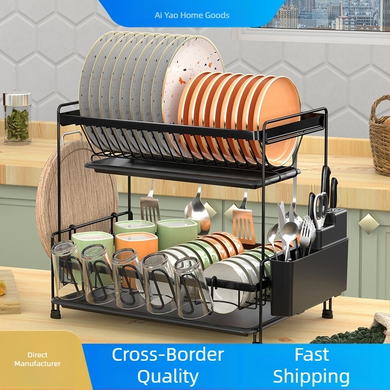 Двоен слой рафт за отцеждане на съдове за кухнята – железна тел, модерен стил, организатор за чинии и купи