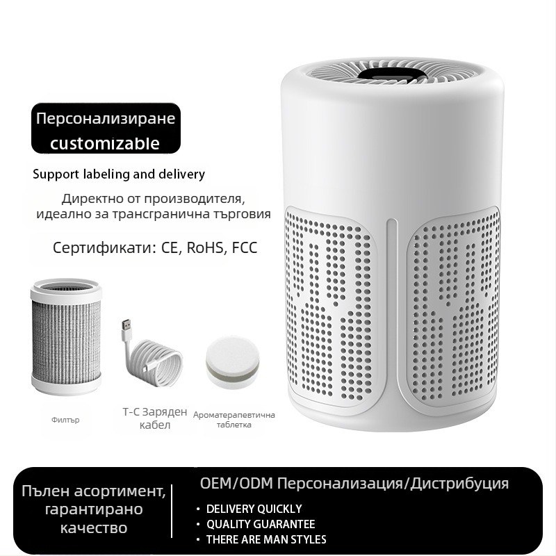 USB пречиствател на въздуха с HEPA филтрация, активен въглен и фотокаталитичен филтър; премахва формалдехид и миризми; шум до 36 dB