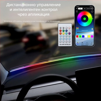 Автомобилно амбиентно осветление с цветен акрил и предна шумоизолираща лента, безжично управление чрез приложение (12V; 0.1A; силикон + акрил; универсална съвместимост)