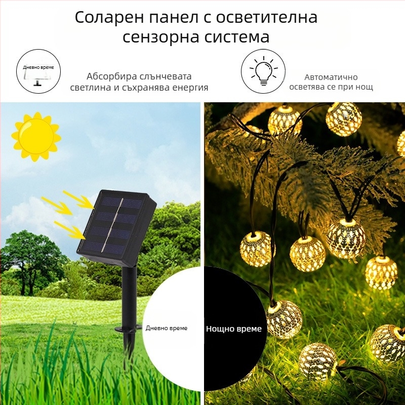 LED соларен марокански топчест низ светлини за градина и веранда – CE сертифициран, модел 19-SJQ, мощност 0.05W, напрежение ≤36V, дистанционно управление