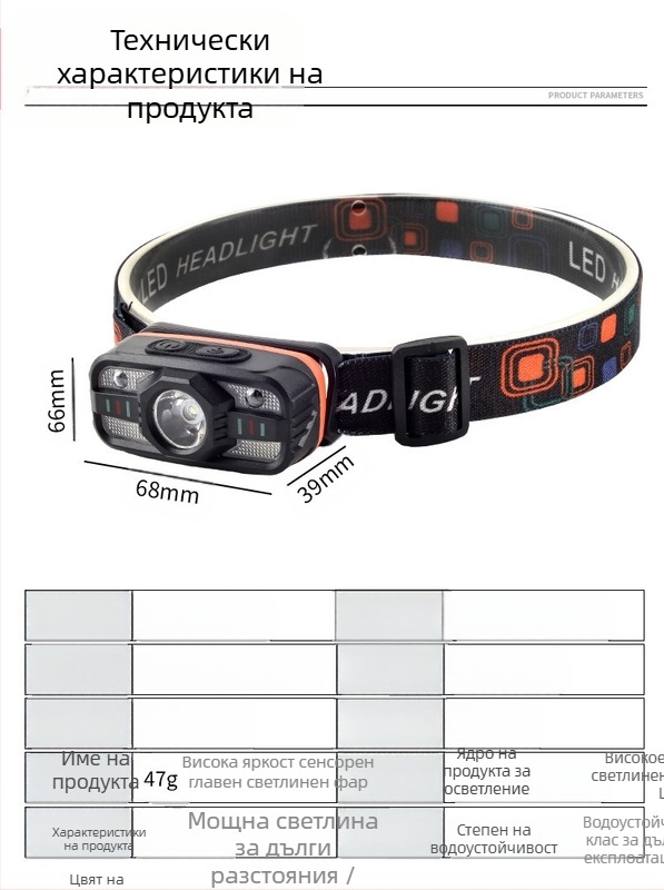 Индукционна челна лампа с многофункционално презареждане, LED за глава; предназначена за нощни бягания и дейности на открито; батерия 500–800 mAh, мощност 5W, обхват 100–200 m, захранване чрез ръчно натискане