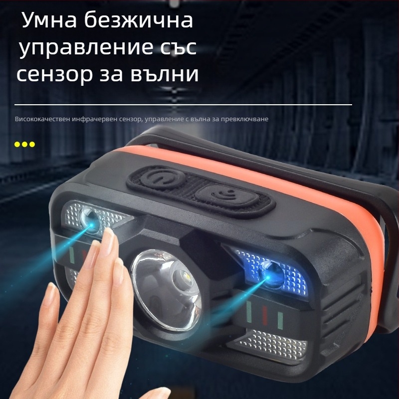 Индукционна челна лампа с многофункционално презареждане, LED за глава; предназначена за нощни бягания и дейности на открито; батерия 500–800 mAh, мощност 5W, обхват 100–200 m, захранване чрез ръчно натискане