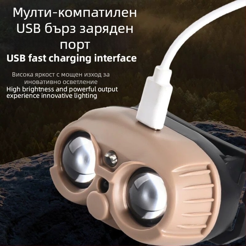 LED челник с USB презареждане, водоустойчив, обхват 10 м, време на работа 20 ч