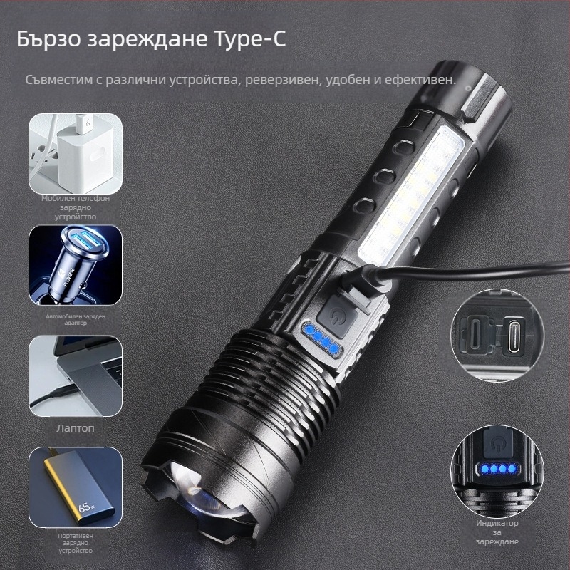 LED фенер USB презареждаем за къмпинг и спешни ситуации – лазерен светлинен източник с COB работно осветление, 30W, вградена 18650 батерия, обхват 200–500 m