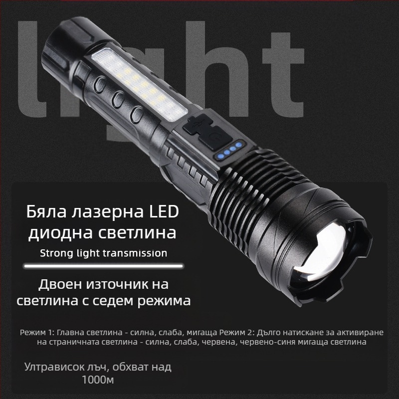 LED фенер USB презареждаем за къмпинг и спешни ситуации – лазерен светлинен източник с COB работно осветление, 30W, вградена 18650 батерия, обхват 200–500 m