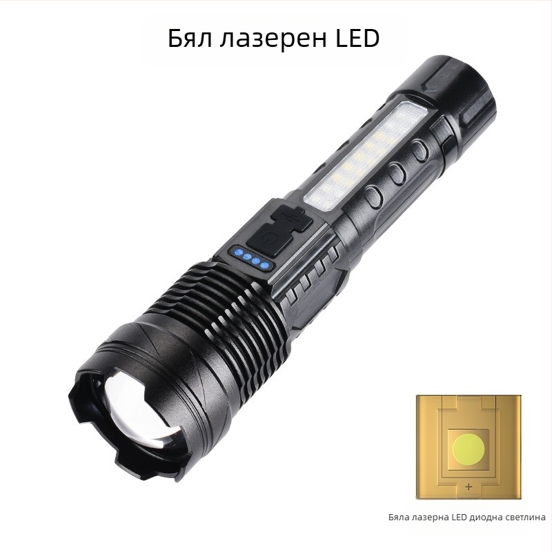 LED фенер USB презареждаем за къмпинг и спешни ситуации – лазерен светлинен източник с COB работно осветление, 30W, вградена 18650 батерия, обхват 200–500 m