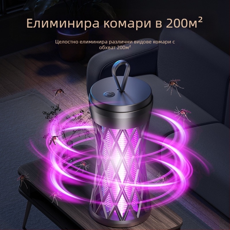 Лампа за комари с електрически удар, презареждаема, LED осветление, ABS корпус и алуминиева мрежа, вградена батерия 1001–1600 mAh, зареждане 1–3 ч, работа 3–6 ч, обхват до 10 м²