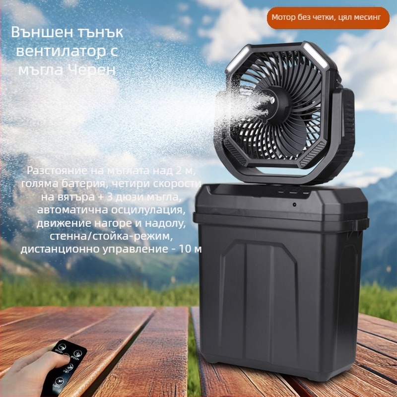 Вентилатор със спрей за къмпинг: USB захранване, 4 скорости, безшумен 36–45 dB, 3 лопатки, безчетков мотор, вградена батерия 6000mAh