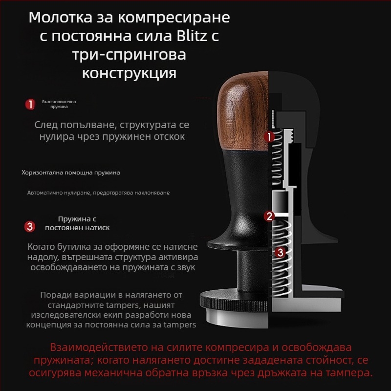 Кафе тампер с фиксирана сила, автоматично възстановяване и баланс; орехово дърво и неръждаема стомана, модерен стил, тегло 378 g