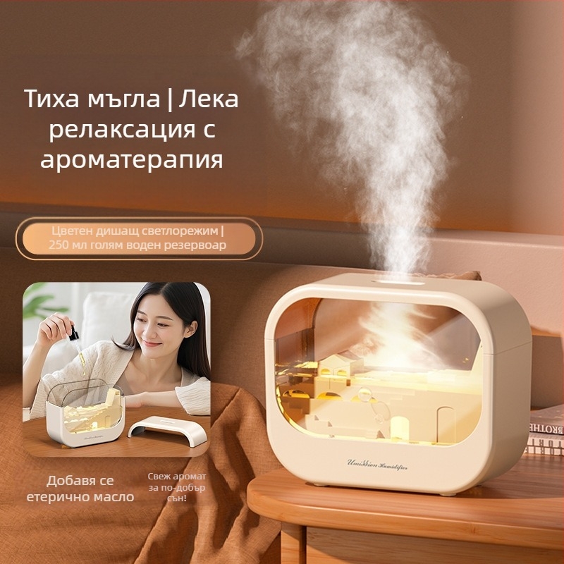 Ароматерапевтичен овлажнител и дифузьор за дома – тих USB захранване, 2W, 10–20 м², резервоар <0.5 л