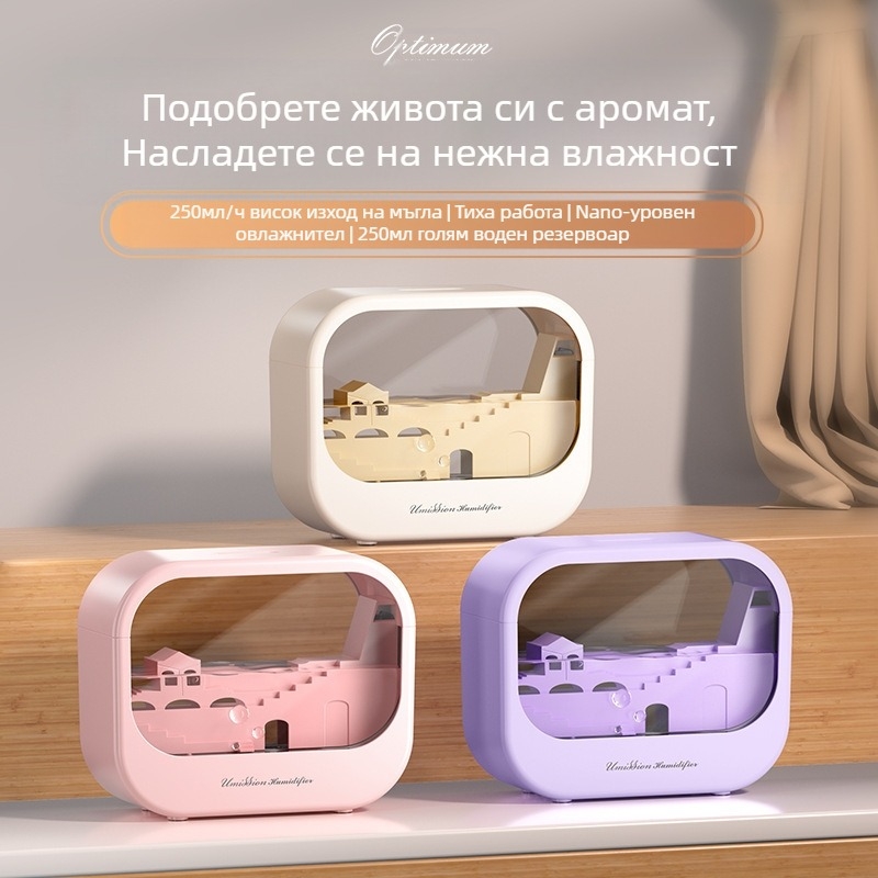 Ароматерапевтичен овлажнител и дифузьор за дома – тих USB захранване, 2W, 10–20 м², резервоар <0.5 л