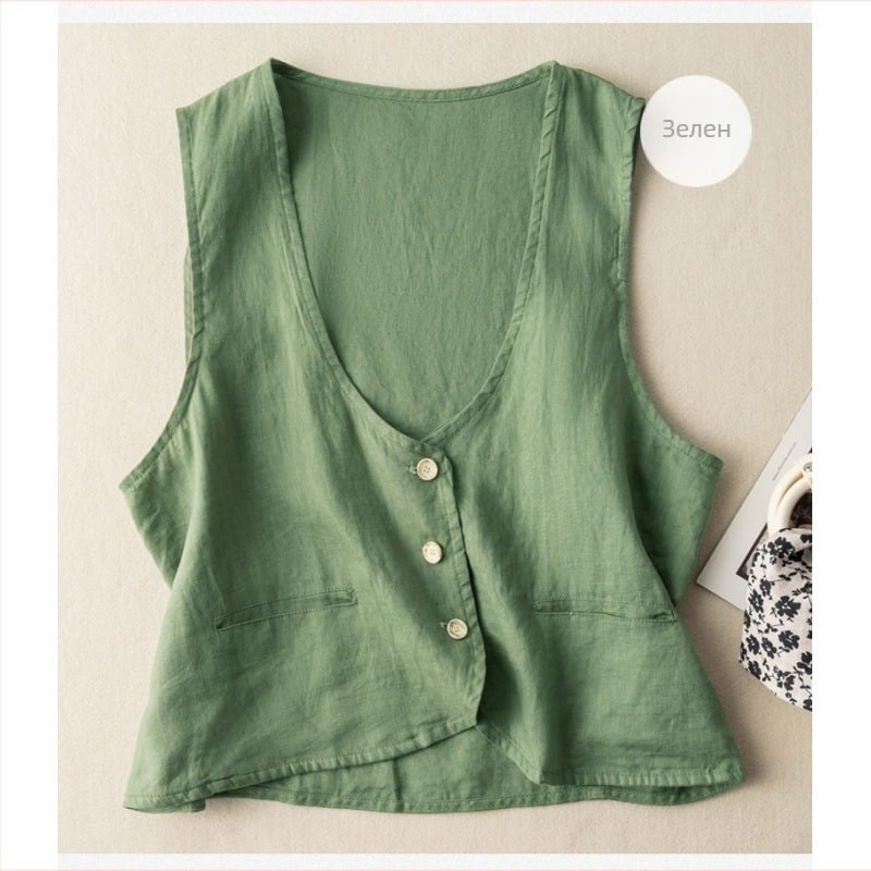 Жилет с V-образно деколте, литературно ретро стил, памук-лен плат, къс модел (40–50 см)