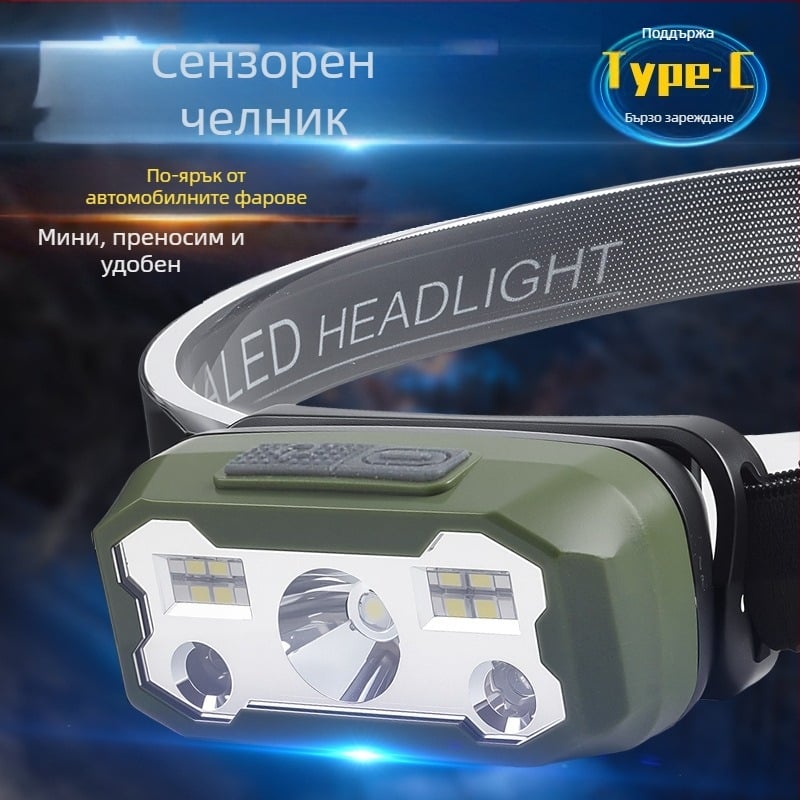LED челник за глава, 5W, Type-C зареждане, високо-плътна литиева батерия, обхват 200-500 м