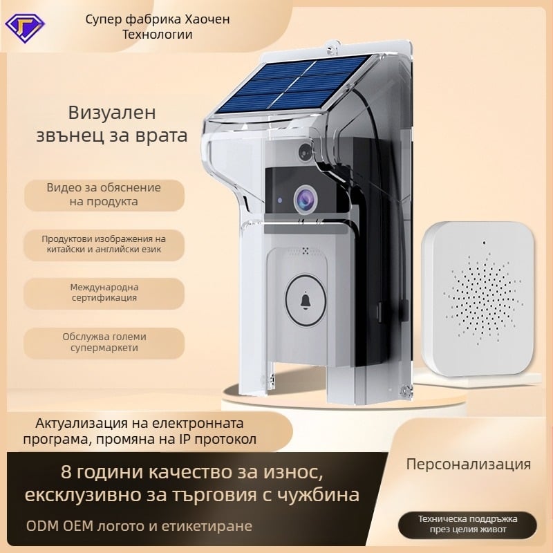 Безжичен видеодверен звънец със соларен покрив против дъжд, дълъг режим на готовност, интерком с променящ гласа и наблюдателна камера (5V/1A захранване, 3.7V батерия, 38 мелодии, 0.5W)
