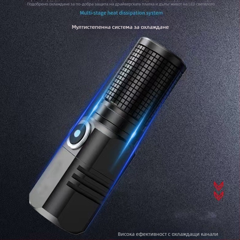 P100 преносим мини презареждащ LED фенер за открито с Type-C зареждане, 15W, алуминиева сплав, 18350 батерия, обхват 200–500 м