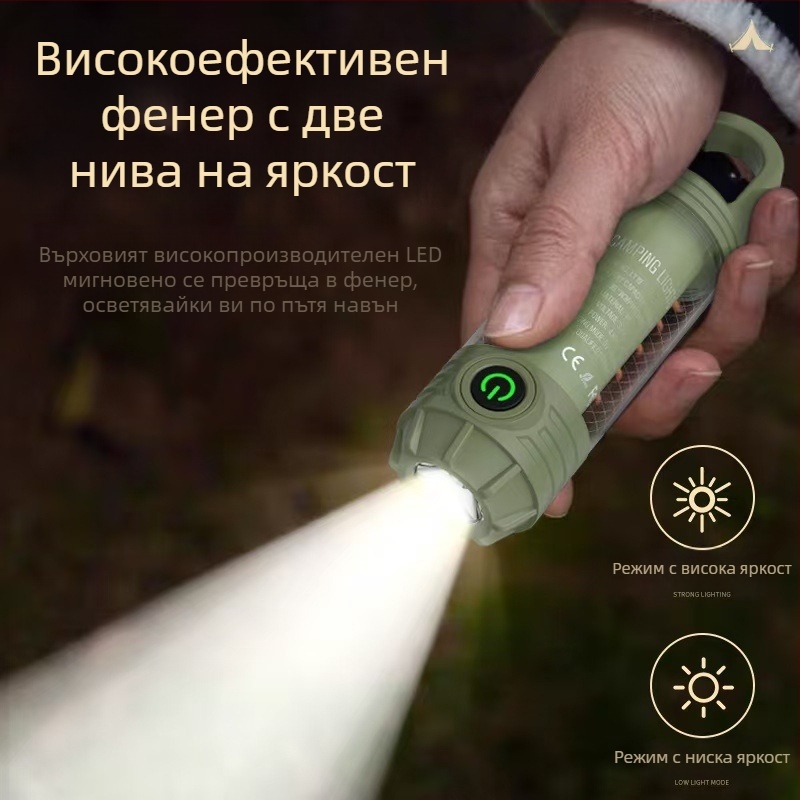 LED палаткова лампа за къмпинг, презареждаща, преносима и може да се окачи, ръчно задвижване, 1200mAh, 3.7V, светодиодно осветление, обхват 50–100 м, време на работа: главно 5 ч, топло 7 ч