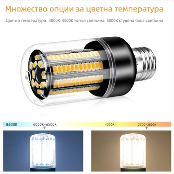 LED царевичен светодиоден светилник, модел 5736, 189 светодиода, вход 85–265V, 360° лъч, IP20