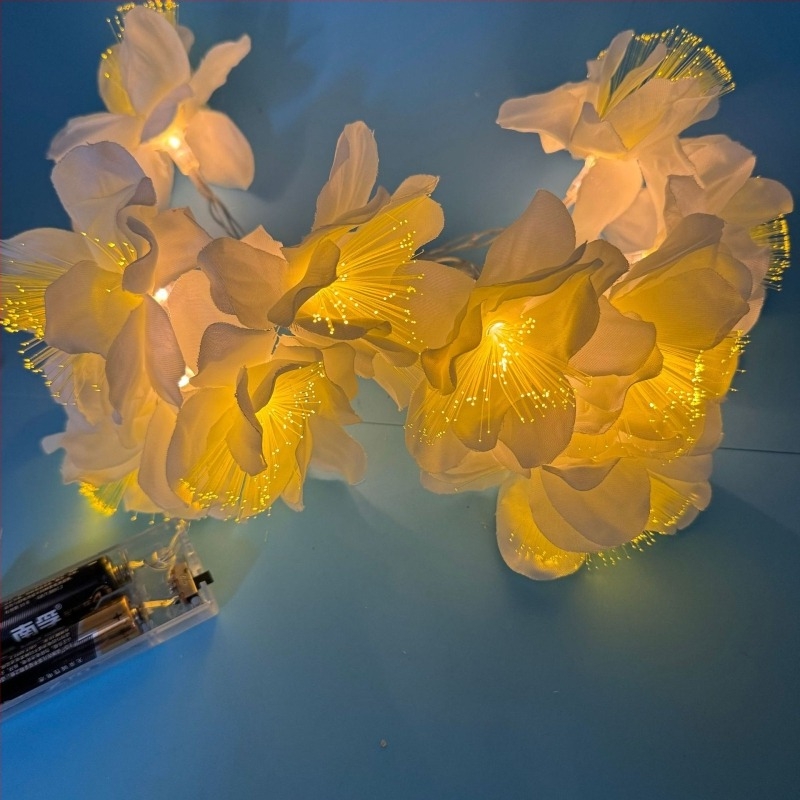 LED нишка със цветя на нощен жасмин, дължина 1,5 м, топло бяло 3000K, IP44, батерия, 10 LED, за сватби и декорация на двора