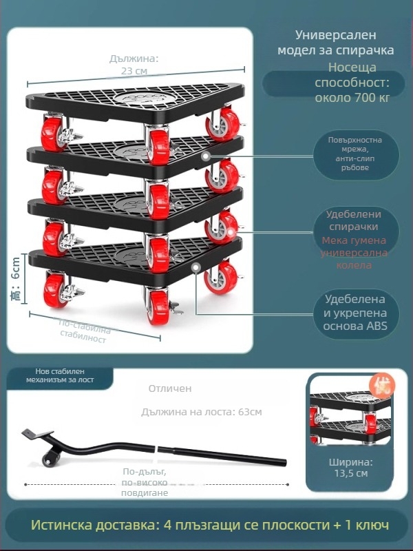 Универсална подвижна база с въртящи се колела за преместване на тежки мебели и хладилници