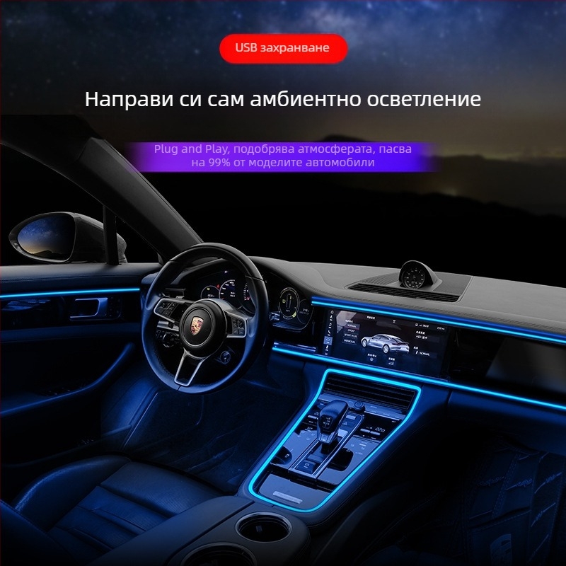 EL ръбна светлинна лента за автомобилен интериор – LED амбиентно осветление, 12V/5V