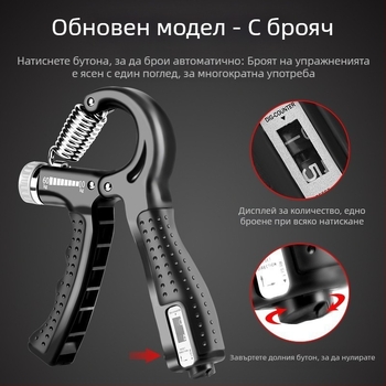 Комплект за трениране на хват и ръка с регулируемо съпротивление на китката и брояч за пръсти