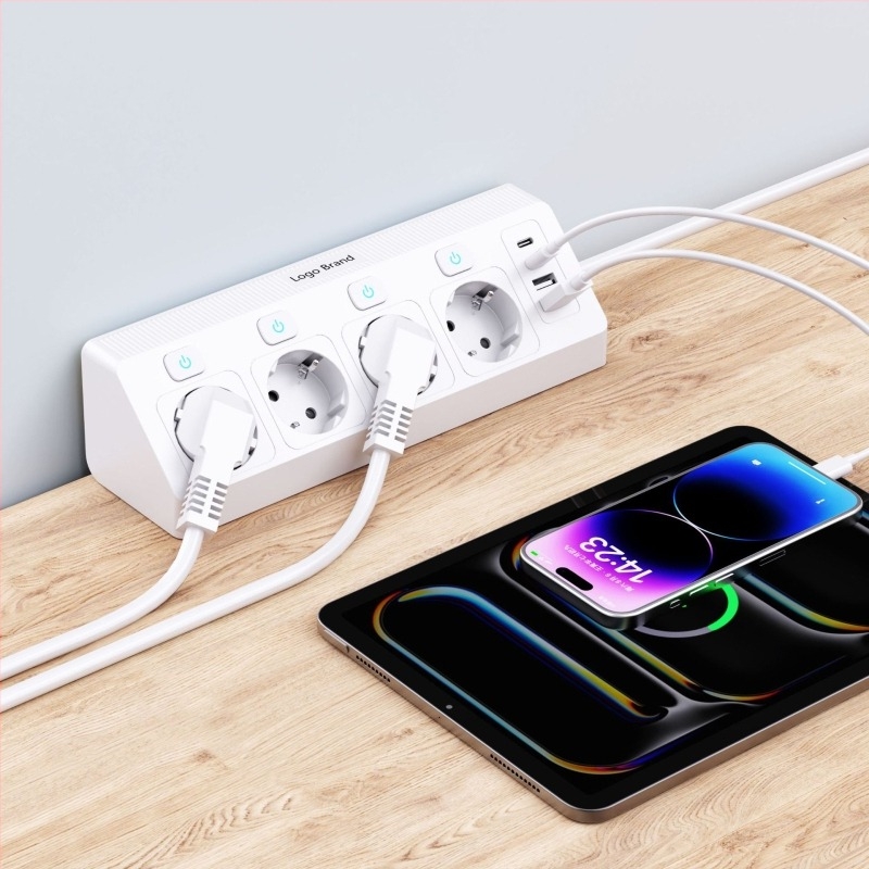 Европейски ъглов контакт с USB зареждане, 4 гнезда, независим превключвател, 16A, 250V