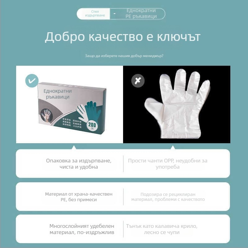 Еднократни PE ръкавици за хранителни цели, удебелени, против хлъзгане, 1000 броя